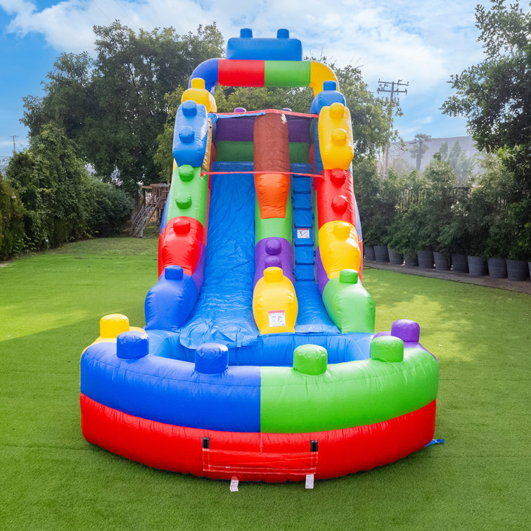 HeroKiddo Block Party 16' Commercial Grade Inflatable Water Slide with Attached Pool and Drainage for Kids and Adults (with Blower), Outdoor Indoor, Birthday Party, Rental Quality, Big Inflatable