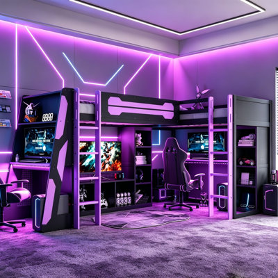 Modern Twin Size L-shaped Loft Bed With Two Lighted Computer Desk, Entertainment Center And Storage Shelves