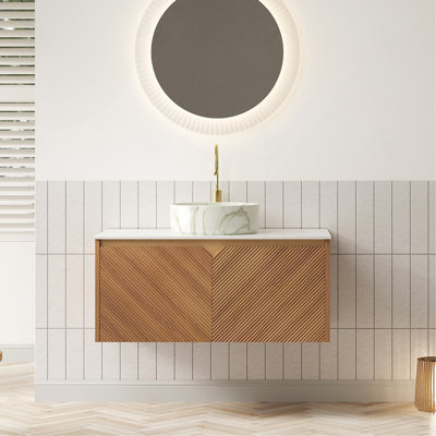 Meuble-lavabo 36 po, meuble de rangement flottant en contreplaqué, portes doubles en sergé avec garniture en métal, lavabo rond en céramique blanc mat et plateau en pierre frittée