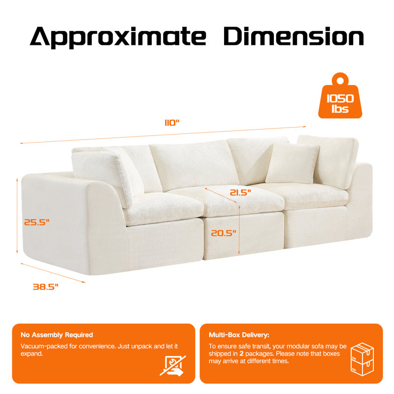 3-Seater Beige Chenille Boneless Sectional Compression Modular Sofa for Living Room Apartment, No Assembly Required, 3 Seat