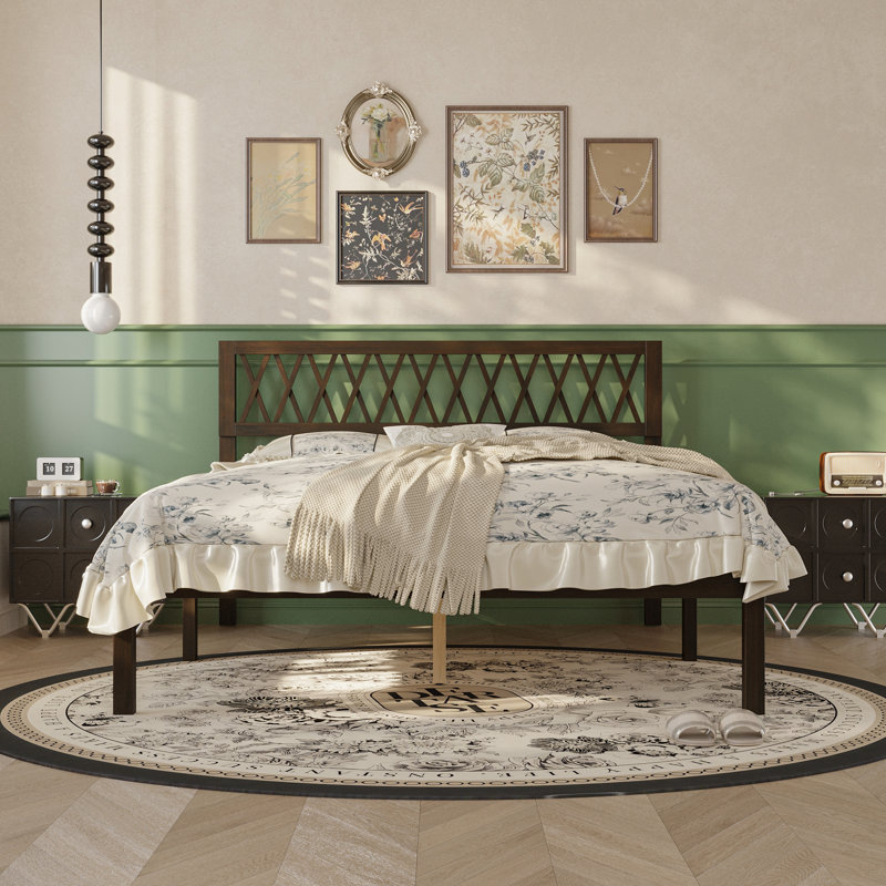 Rustic Acacia & Rubberwood Platform Bed Frame With Diamond Lattice Headboard, No Box Spring Required