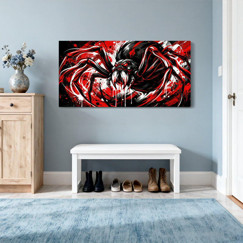 Animaux, art araignée, rouge, noir, blanc, H 16 po x l 32 po