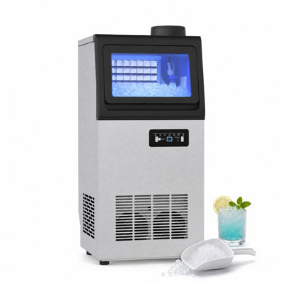 Machine à glaçons autoportante en acier inoxydable 13,78 po avec 120 lb Production quotidienne de glace, 25 lb Glaçons, cubes de glace pleine grandeur et double alimentation en eau