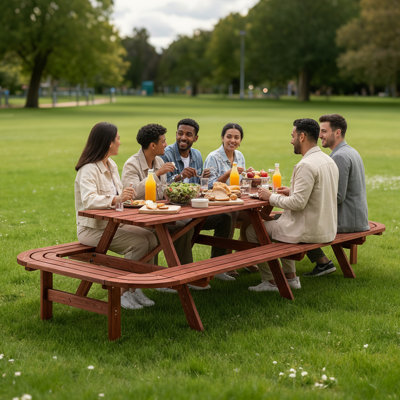 Table de pique-nique rectangulaire 14 po d'extérieur brun moderne, en bois, avec trou de parasol compatible, parfaite pour la terrasse, le jardin, la cour arrière, la salle à manger, le camping