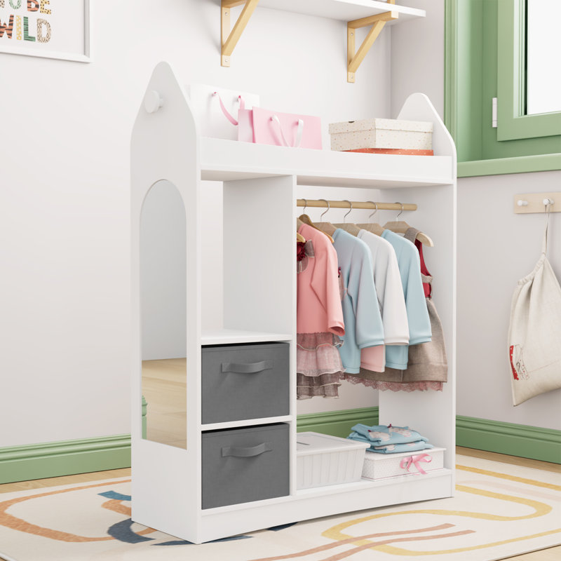 Kids Dress up Rack-Wardrobe Closet with Mirror, Open Kids Wardrobe with 3 Tier Shelf, 2 Storage Drawers, White