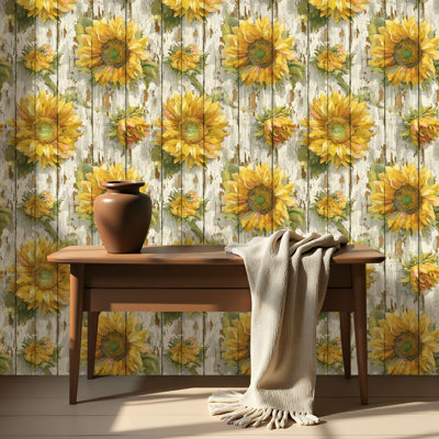 Papier peint auto-adhésif à motif de tournesol botanique rétro auto-adhésif et amovible 17,7 po x 118 po (45 x 300 cm)