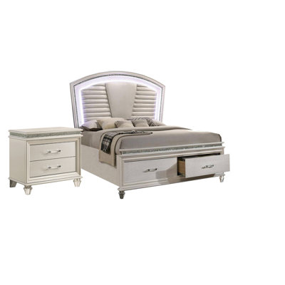 Ensemble de chambre pour grand lit en blanc perle et argent avec détails en bois transparent - Ensemble de 2 pièces avec table de chevet