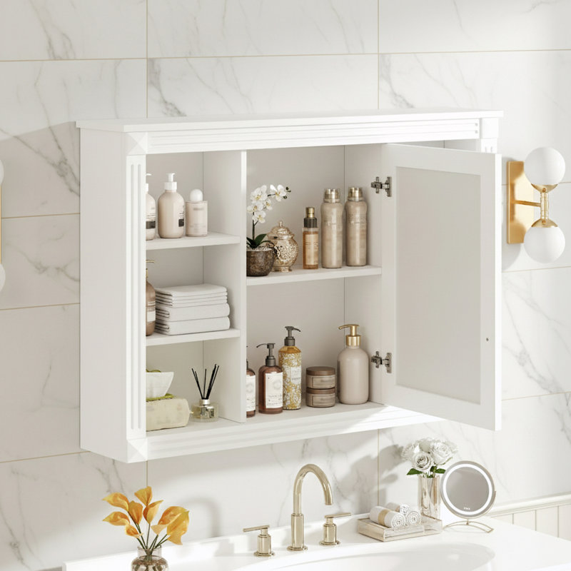 Wall Mounted Bathroom Storage With Mirror And Open Shelves