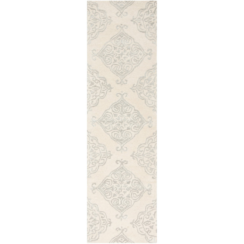 Bernon Hand Tufted Viscose/Wool Geometric Rug in Ivory/Silver, Runner 2'3" x 8'