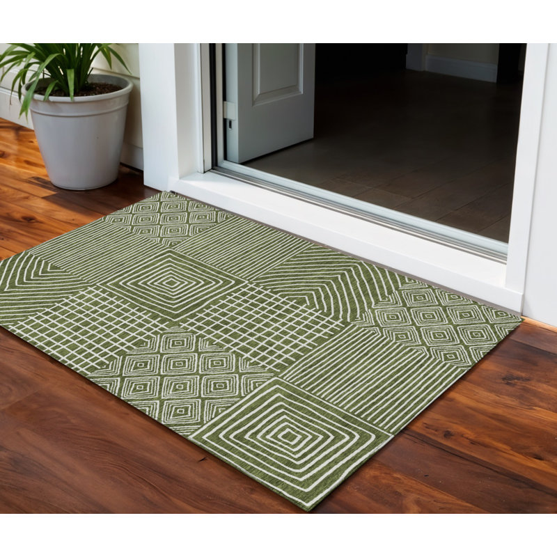 3' X 5' Olive Green And Ivory Geometric Washable Indoor Outdoor Area Rug