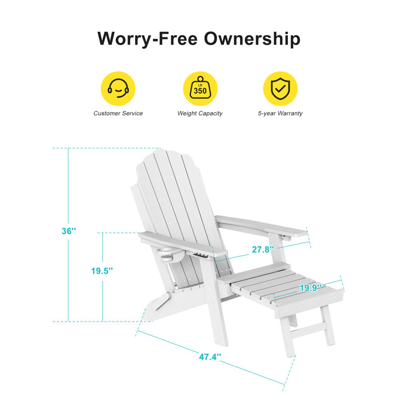 Chaise pliante Adirondack avec repose-pieds rétractable, chaise de patio résistante aux intempéries, Blanc