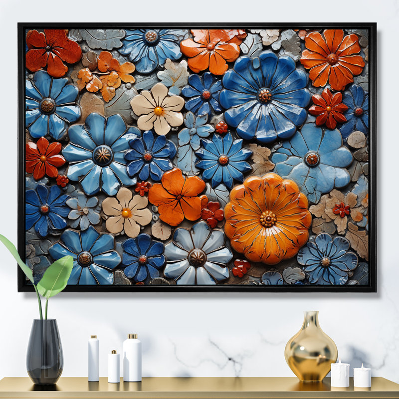 Floral bohème bleu et orange mosaïque 1 - Boho mosaïque murale, Cadre flottant noir, H 12 po x l 20 po x P 1 po