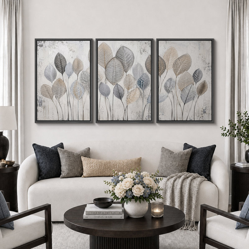 «Neutral Silver Leaf Botanical Art», photos de salon, impression sur toile encadrée, 3 pièces, H 24 po x l 48 po x P 1,5 po