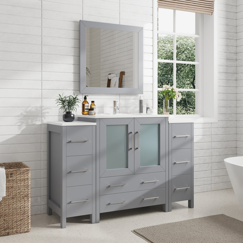 Brescia 54" Single Sink Freestanding Bathroom Vanity with Ceramic Top and Matching Mirror, Gray