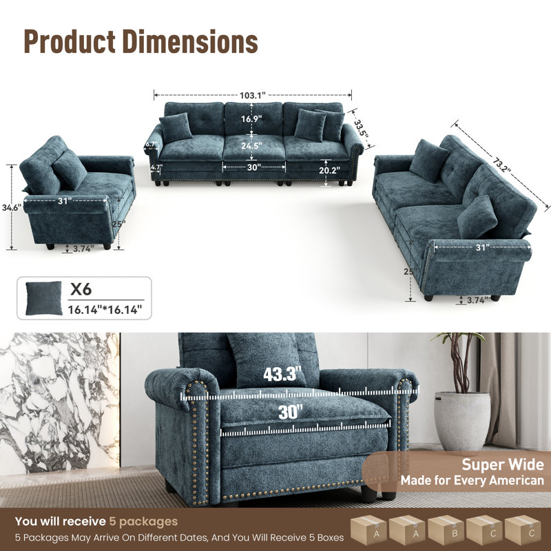Ensemble de canapé modulaire rembourré 3 pièces avec garniture cloutée, ensemble de canapé surdimensionné avec canapé, causeuse et fauteuil