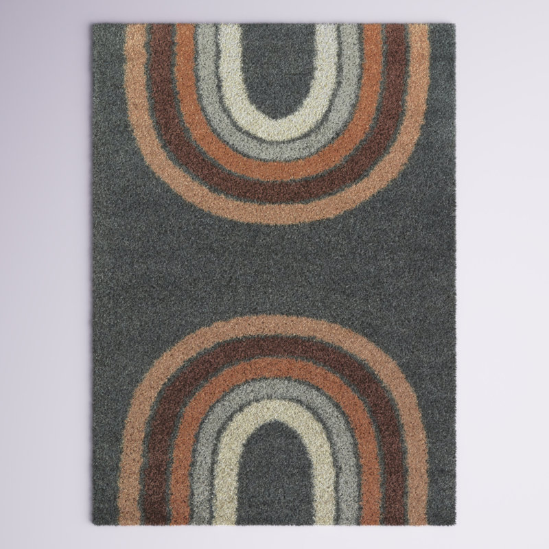 Alderete Double Rainbow Shag Area Rug, Rectangle 4'4" x 6', Cream