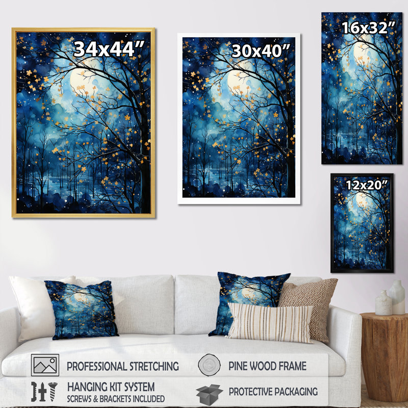 Décoration murale arbre au clair de lune III - paysage arbres, H 40 po x l 30 po x P 1,5 po, Cadre flottant noir
