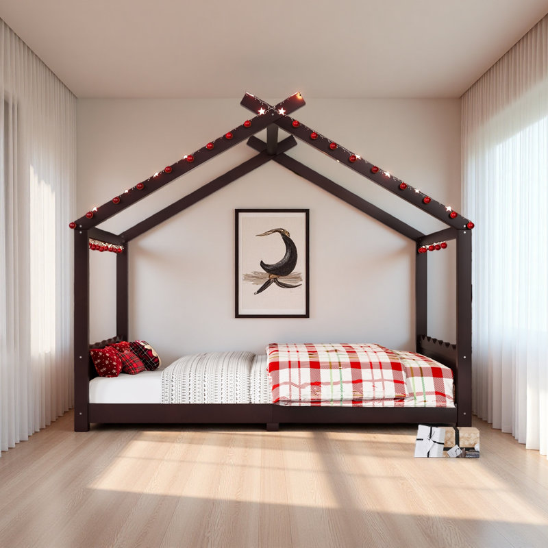 Lit de maison avec lattes de soutien, cadre de lit de maison en bois massif pour enfants, pas de sommier tapissier et structure d'ouverture