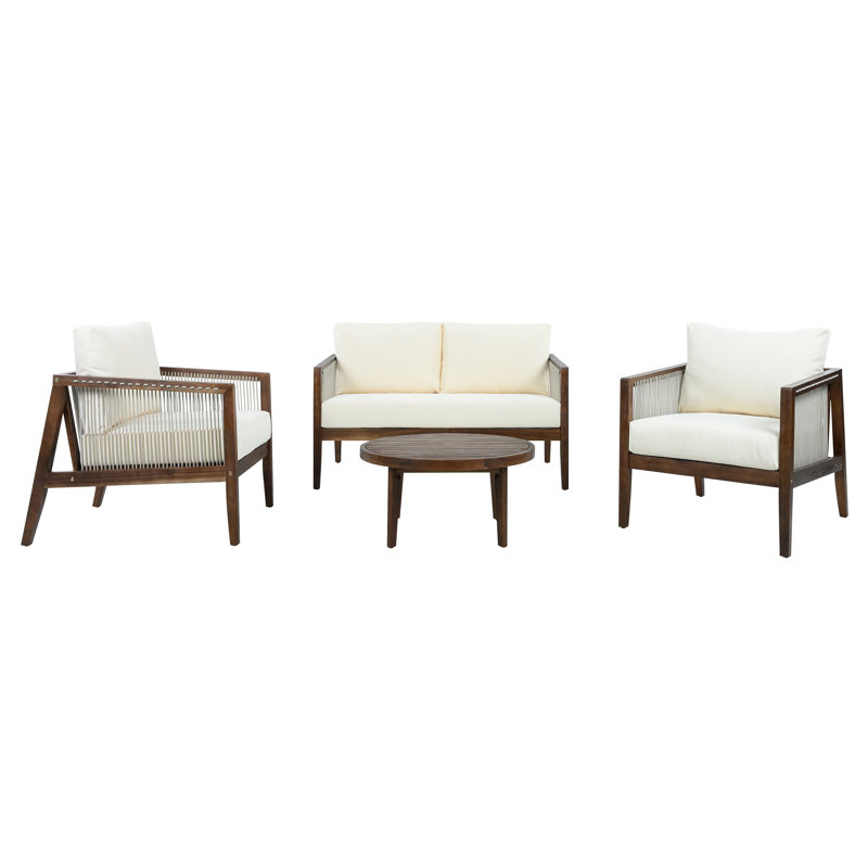 Ensemble de canapé d'extérieur 4 pièces, structure en bois d'acacia avec détails en corde, coussins beiges hydrofuges, finition brun foncé