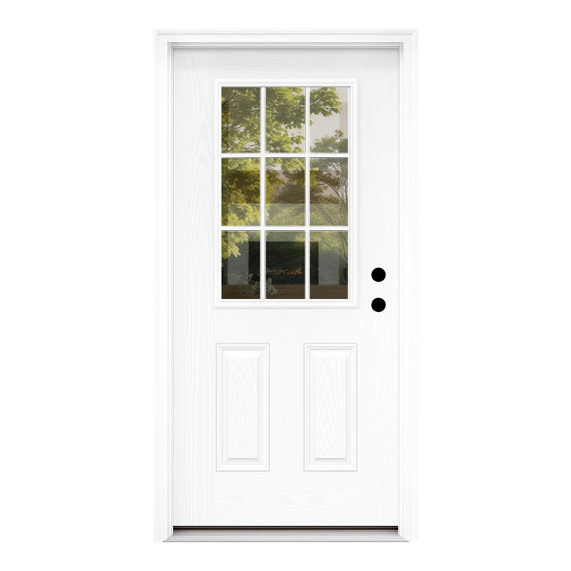 Japandi Style 9 Lite Glass Fiberglass Door Slab, Primed White Front Door for Entryway-Left
