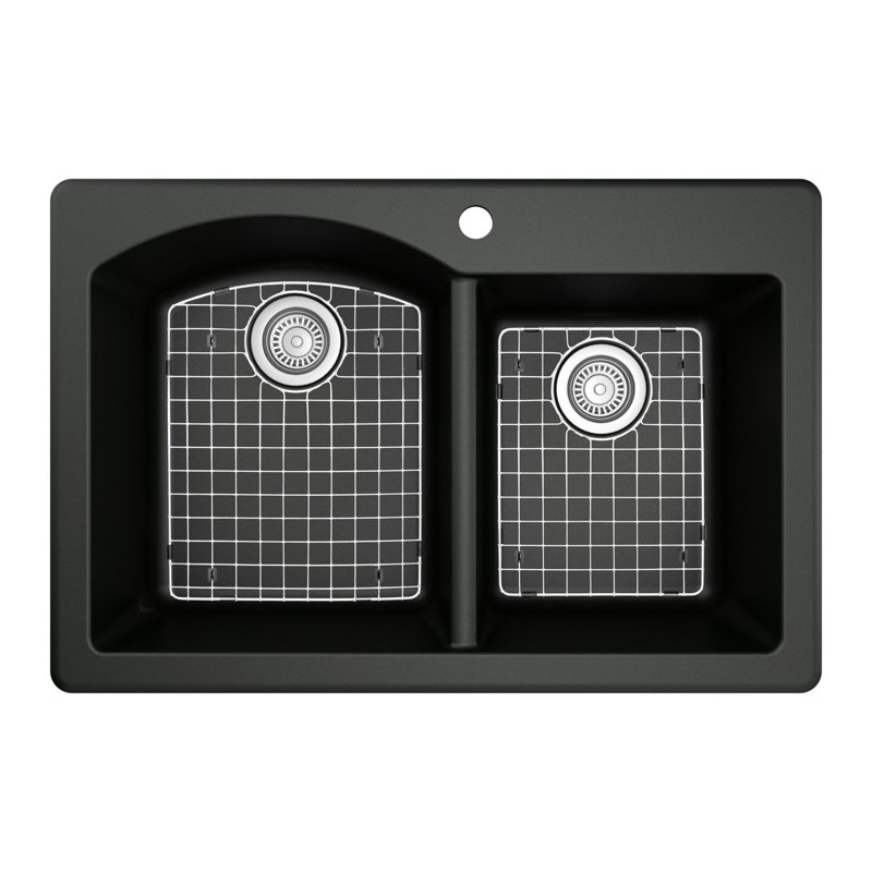 Karran Quartz 33'' X 22'' 60/40 Double Bowl Drop-in Kitchen Sink With KKF210 Faucet in Stainless Steel