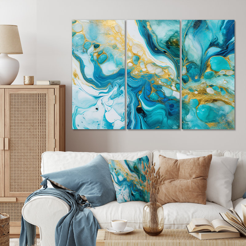 Turquoise, luxe, abstrait, fluide, art, xl - ensemble de décorations murales abstraites, H 40 po x l 60 po x P 1 po