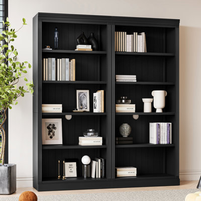 Bibliothèque 5 pièces, tablettes réglables, DEL, bois massif, noir pour bibliothèque élégante, bois et décoratifs