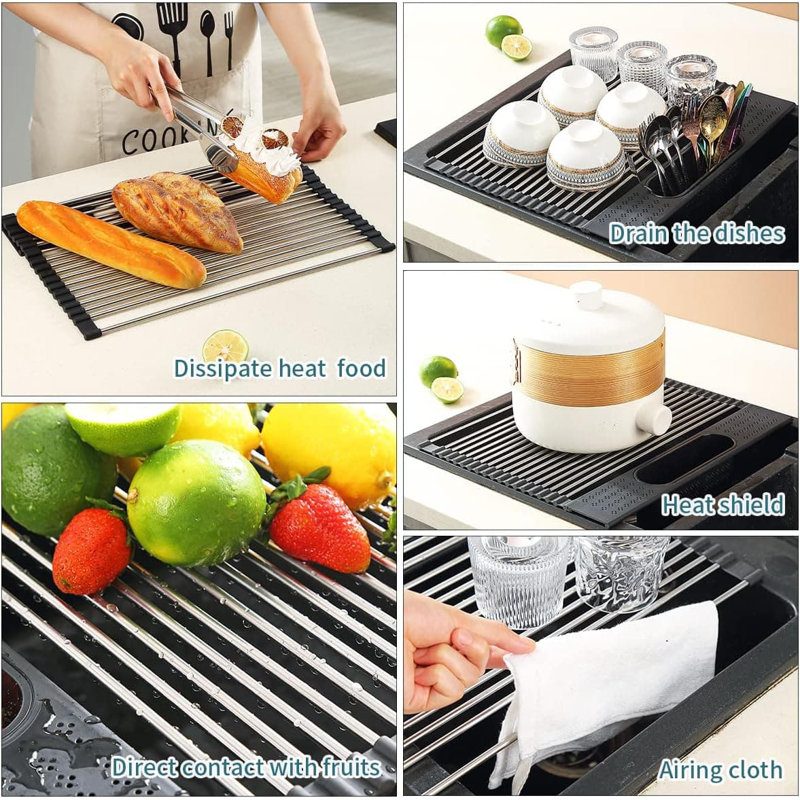 Over-Sink Dish Drying Rack | 17.5"×15" Rollable Stainless Steel | Removable Basket | Kitchen Sink Organizer