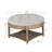 Large round ottoman coffee table in light grey, 2-tier design with button tufted top & wood storage shelf