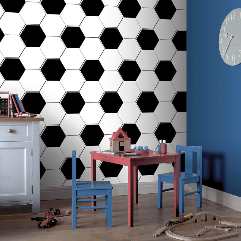Carstarphen Black & White  Football-Themed Geometric Wallpaper 10m x 53cm Metallic Roll
