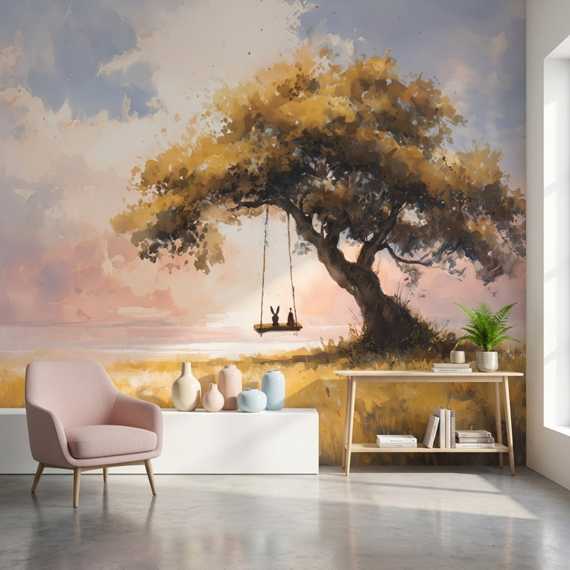 Papier peint mural paysage serein, arbre et coucher de soleil, 180"x120", Non-Woven Nonpasted