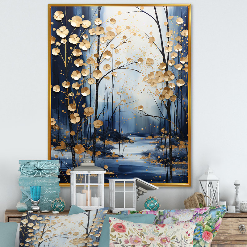 Or et érable bleu forêt d'hiver II - arbre érable, art mural, H 44 po x l 34 po x P 1,5 po, Cadre simple noir
