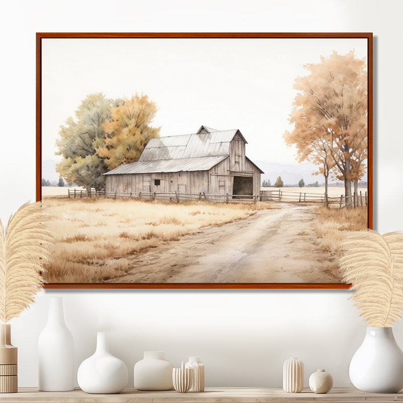 Paysage de grange, minimalisme, paysage - art mural de grange, H 12 po x l 20 po x P 1 po, Cadre flottant brun
