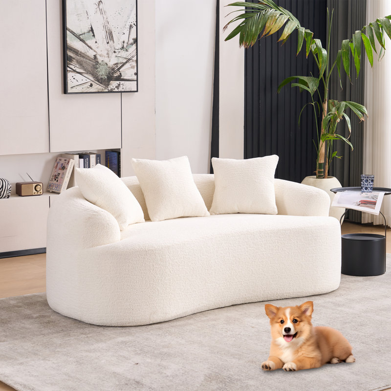 Canapé courbé 3 places rembourré, canapé rond surdimensionné en tissu Boucle avec 3 coussins décoratifs, canapé moderne de forme organique pour le salon