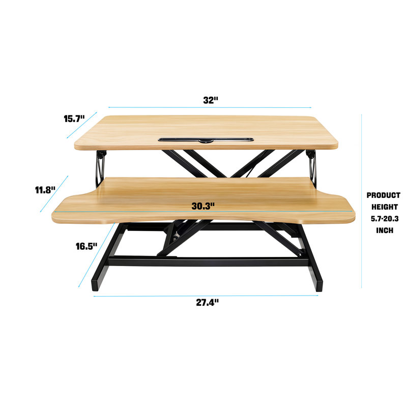 Poste de travail assis-debout 32 pouces avec double moniteur et ordinateur portable, hauteur réglable pour un bureau d'ordinateur debout, palette de couleurs naturelles sur la surface, surface de travail 31,5 x 15,7