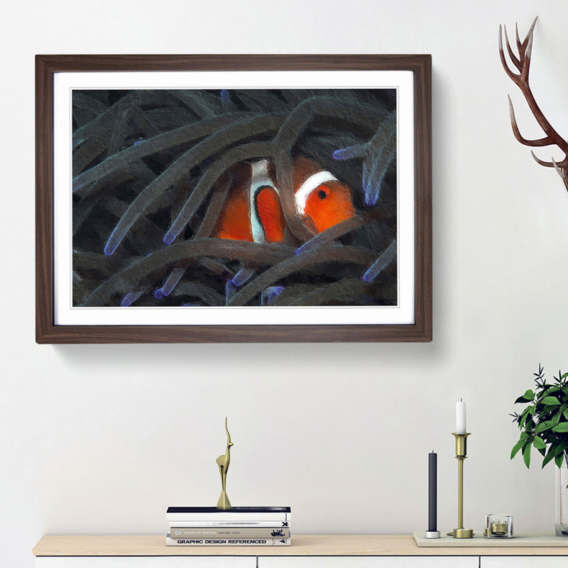 Peeping Clownfish - Picture Frame Painting Print, 48cm H x 65cm W x 2cm D, Walnut Framed