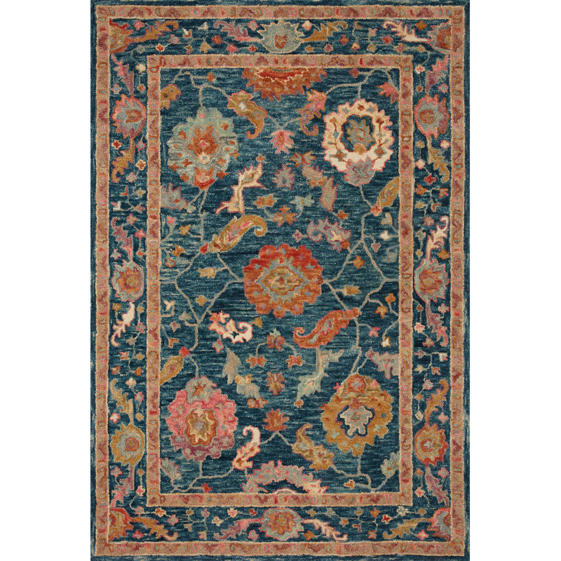Tapis bleu / brun en laine crocheté à la main Elmsford, Rectangle 3 pi 6 po x 5 pi 6 po