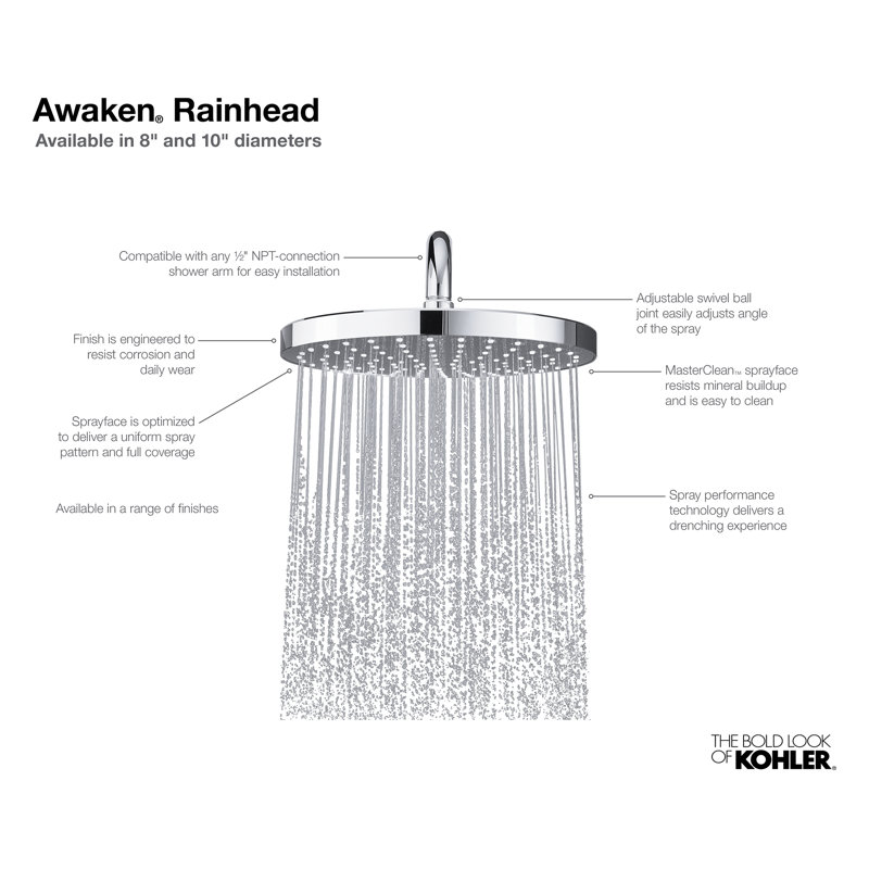 Awaken 8" 2.0 GPM Rain Showerhead, Brushed Nickel, 2 GPM