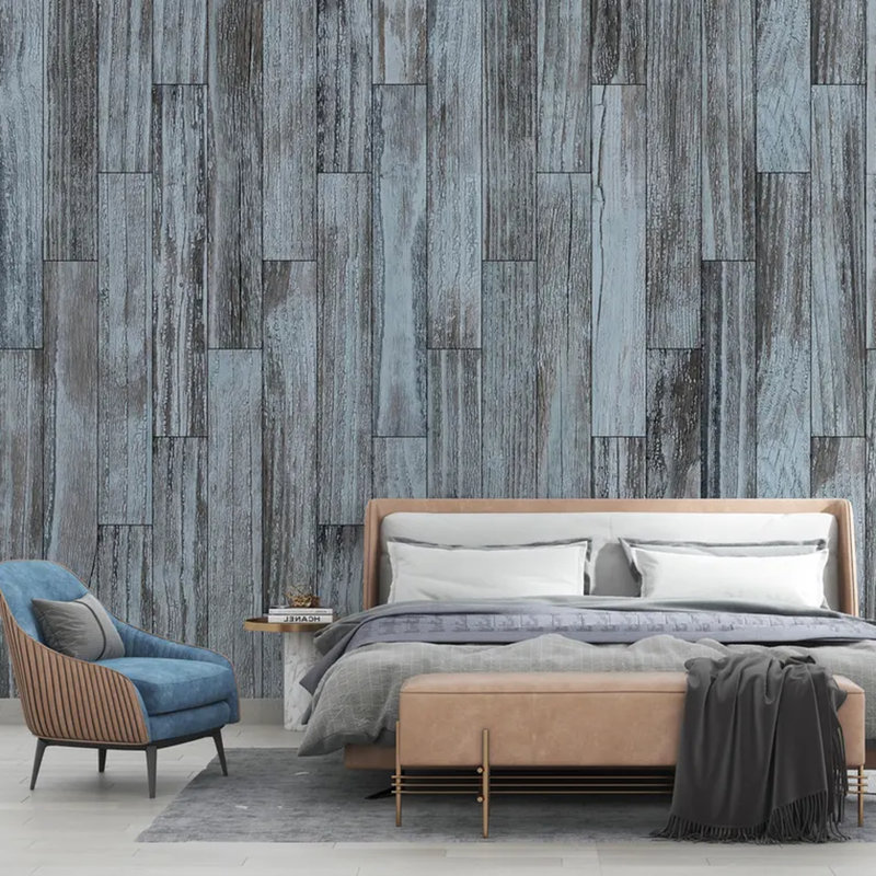 Papier peint planche de bois rustique bleu gris patiné, L 96 po x l 108 po