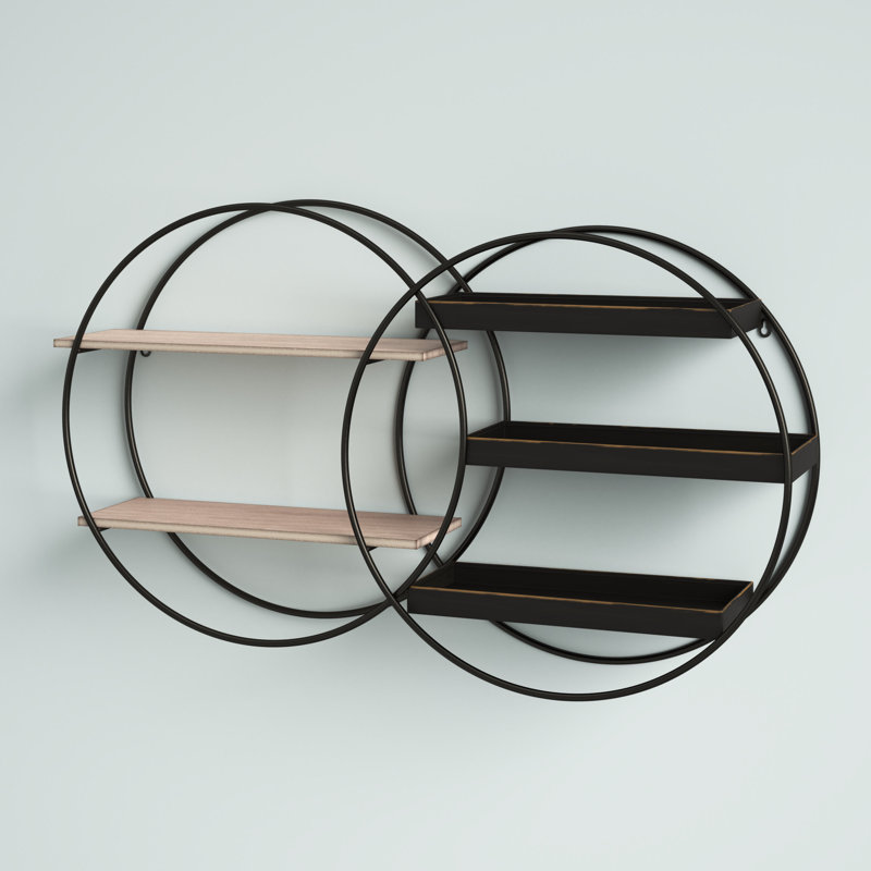 Alissabeth Metal Overlapping Circle 5 Level Geometric Black Wall Shelf with Wood Accents