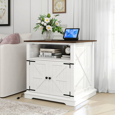 Farmhouse End Table With Charging Station,24" Large Side Table With Barn Door, Rustic Wood Square Nightstand Bedside Table With Adjustable Shelf For L