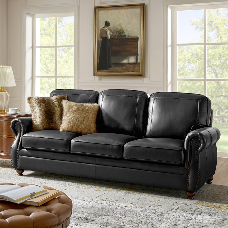 Gerardo 85.5" Genuine Leather Traditional Rolled Arms Sofa With Nailhead Trims, Black