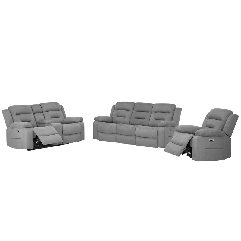 Ensemble de salon inclinable électrique en tissu 3 pièces avec ports de charge USB et USB-C et console de rangement, Gray