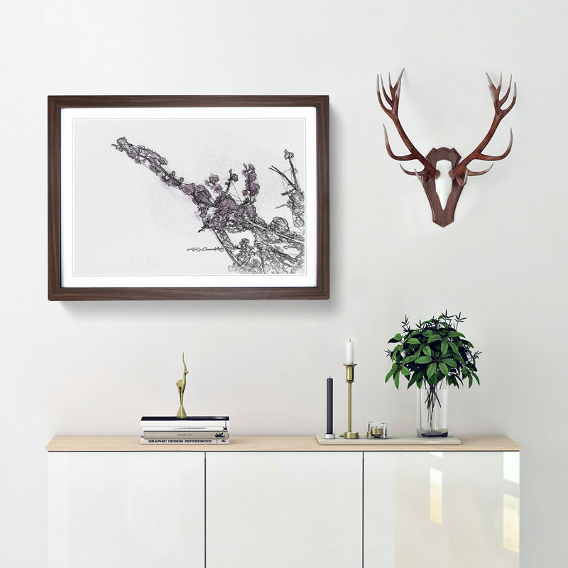 Pink Cherry Blossom Tree in Abstract - Framed Print, 50cm H x 76cm W x 2cm D, Walnut