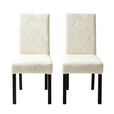 Pack of 2 Soft Flannel Embossed Leaf Cream Off White Dining Chair Slipcovers, All-in-One High Back Stretch Chair Protector Removable Cleanable Cover for Indoor Household Dining Furniture