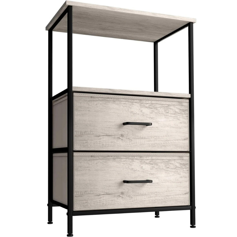 Sorbus 2 Drawers and Shelves Nightstand with Steel Frame, Wood Top & Fabric Bins in Rustic, Cream