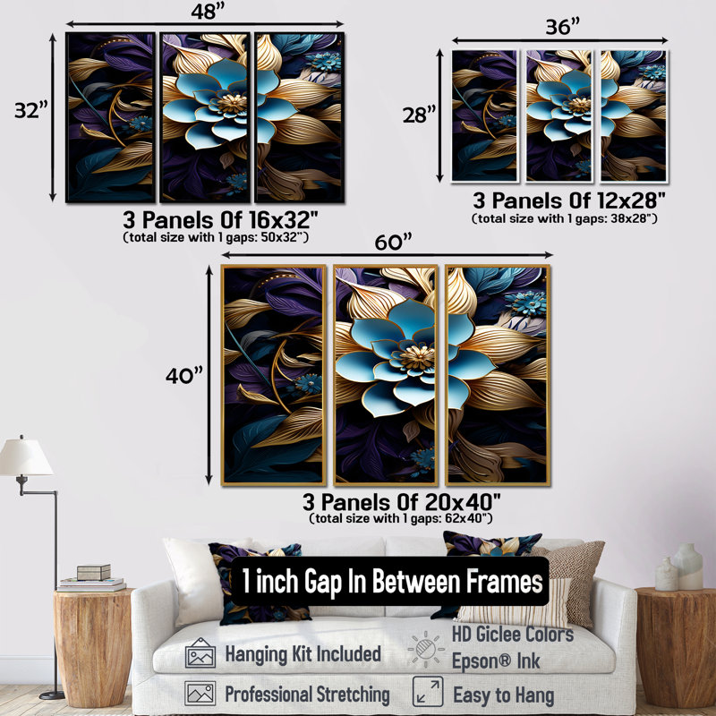 Fleurs de lotus bleues et feuilles dorées - ensemble de salon d'art mural floral moderne, Encadrement argenté