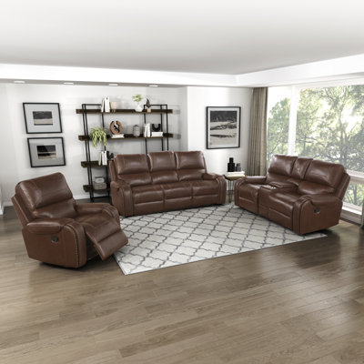 Xenija Traditional Breathable Faux Leather 3-Piece Reclining Set with Drop-Down Console, USB Charging Ports & Classic Nailhead Trim