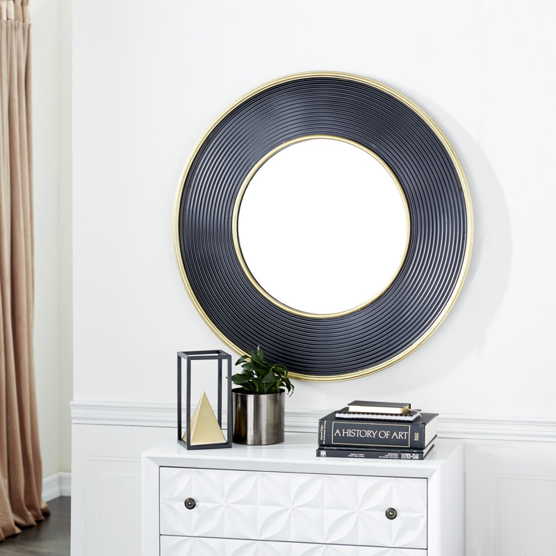 Large Gold And Black Metal Rimmed Wall Mirror, 35" X 35"