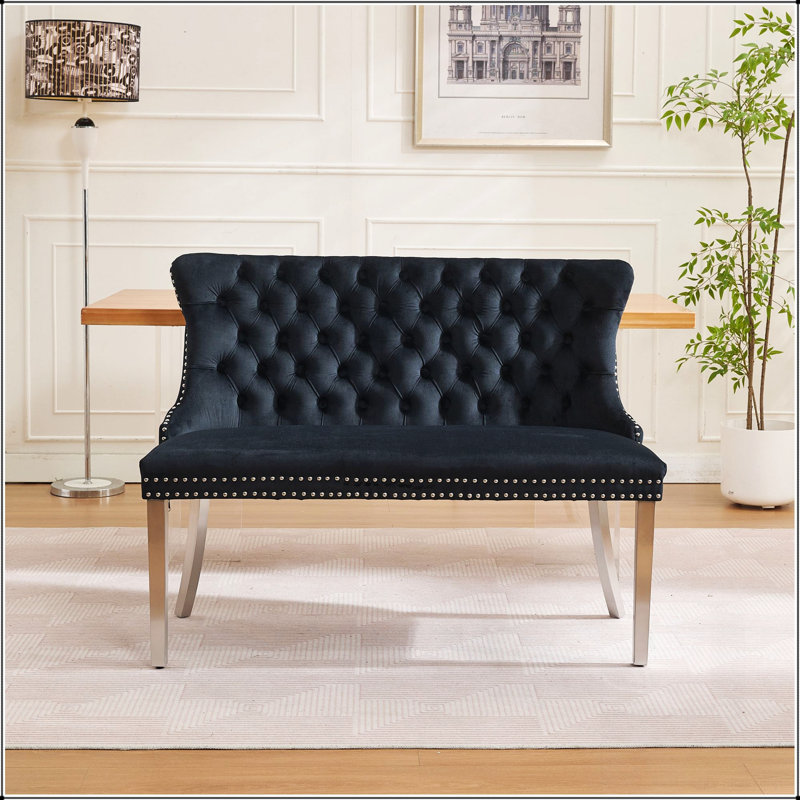Banc en velours pour causeuse double, sièges de cuisine et de salle à manger, banc capitonné à 2 places avec boutons faits à la main, dossier à oreilles, pieds en acier plaqué, ensemble moderne Mid-Century, paquet simple